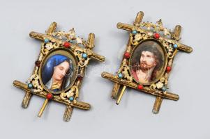 cca 19. sz. vége Jézus és Mária porcelánkép kőberakásos támasztható réz keretben, 8x6 cm