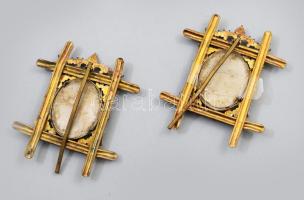 cca 19. sz. vége Jézus és Mária porcelánkép kőberakásos támasztható réz keretben, 8x6 cm