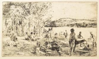 Aszódi Weil Erzsébet (1901-1976): Strandolók a Dunánál (cím nélkül). Rézkarc, papír, jelzés nélkül. 19,5×32,5 cm