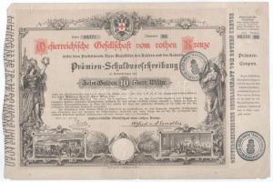 Ausztria / Bécs 1882. "Osztrák Vöröskereszt" 10G értékű kötvénye szárazpecséttel, "M. Kir. Központi Bélyegraktár és Bélyeg-jelzési Hivatal" bélyegzéssel T:F Austria / Vienna 1882. "Oesterreichische Gesellschaft vom Rothen Kreuze" (Red Cross) premium debenture about 10 Gulden with embossed stamp and "M. Kir. Központi Bélyegraktár és Bélyeg-jelzési Hivatal" cancellation C:F