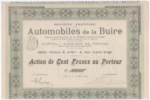 Franciaország / Lyon 1907. "Société Anonyme des Automobiles de la Buire" részvénye 100Fr-ról, szárazpecséttel, szelvényekkel és felülbélyegzéssel T:XF France / Lyon 1907. "Société Anonyme des Automobiles de la Buire" share about 100 Francs, with embossed stamp, coupons, and overprint C:XF