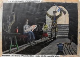 Szabó István (1942-): A II. világháború vége Zsámbékon. Rézkarc, papír. Jelzett. Kissé sérült. 18,5x27,5 cm