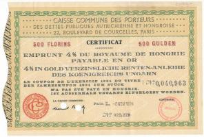 Franciaország 1934. "Osztrák és Magyar Államadósok Közös Alapja - A Magyar Királyság 4%-kal aranyban kamatozó kötvénye" elismervény 500G-ről lyukasztásokkal érvénytelenítve T:F szép papír France 1934. "Joint Fund of Austrian and Hungarian Public Debt Holders - 4% in Gold Interest Bearing Bond" certificate about 500 Gulden cancelled by holes C:F fine paper