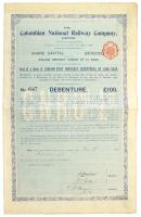 1903. "The Colombian National Railway Company, Ltd." járadékkötvény 100P-ról, bélyegzésekkel T:F 1903. "The Colombian National Railway Company, Ltd." debenture about 100 Pound with cancellations C:F