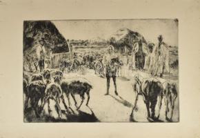 Aszódi Weil Erzsébet (1901-1976): Pásztorfiú báránnyal (cím nélkül). Rézkarc, papír. Jelzett a karcon. Lapszéli apró lyukakkal. 25x37 cm