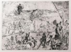 Aszódi Weil Erzsébet (1901-1976): Strandon (cím nélkül). Rézkarc, papír, jelzett a karcon. 29,5×39 cm