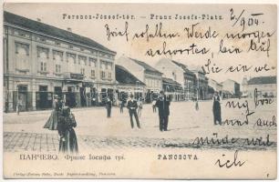 1904 Pancsova, Pancevo; Ferenc József tér, Sörcsarnok, üzletek / square, beer hall, shops (fl)