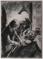 Aszódi Weil Erzsébet (1901-1976): Lámpafénynél (cím nélkül). Rézkarc, papír, jelzés nélkül. Lapszéli apró lyukakkal. 25×18,5 cm