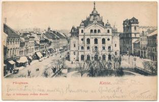 1903 Kassa, Kosice; Fő utca, színház. Egy- és kétkoronás áruház kiadása / main street, theatre (EB)
