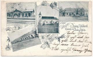 1900 Dévényújfalu, Theben-Neudorf, Devínska Nová Ves (Pozsony, Bratislava); utcaképek, Római katolikus templom, vasútállomás / streets, church, railway station. Art Nouveau, floral (ázott sarok / wet corner)