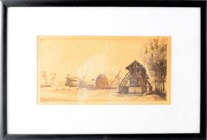 Zádor István (1882-1963): Szénaboglyák góréval. Rézkarc, papír, jelzett. Kissé foltos. Üvegezett fakeretben. 14,5×29 cm