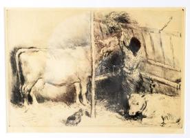 Elekfy Jenő (1895-1968): Istálló, rézkarc, papír, jelzett, üvegezett fakeretben, 20x29cm