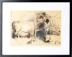 Elekfy Jenő (1895-1968): Istálló, rézkarc, papír, jelzett, üvegezett fakeretben, 20x29cm