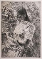 Aszódi Weil Erzsébet (1901-1976): Kislány macskával (cím nélkül). Rézkarc, papír. Jelzett a karcon. Lapszéli kisebb szakadással. 24,5x16 cm