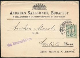 1897 S.A.H.J. céglyukasztásos 3kr Andreas Saxlehner céges nyomtatványon Carlisle / USA-ba