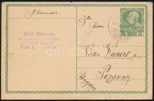 1913 Osztrák díjjegyes levelezőlap tengeri posta bélyegzéssel Pozsonyba