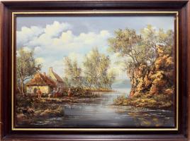 Olvashatatlan jelzéssel, XX. sz. vége/XXI. sz. eleje: Élet a vízparton. Olaj, farost. Dekoratív fakeretben. 50x70 cm.
