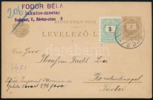 1899 Milleniumi díjjegyes képeslap Fekete számú 3kr díjkiegészítéssel Konstantinápolyba