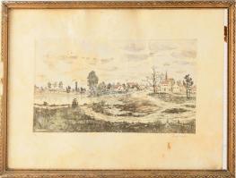 Gross Arnold (1929-2015): Táj, 1955. Színezett rézkarc, papír, jelzett. Foltos. Kissé sérült. Vetemedett. Dekoratív, sérült fakeretben. 21,5x37 cm