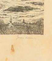 Gross Arnold (1929-2015): Táj, 1955. Színezett rézkarc, papír, jelzett. Foltos. Kissé sérült. Veteme...