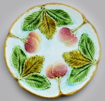 Körmöcbánya szecessziós epermintás süteményes készlet, kínáló és 6 darab tál, jelzett, mázsérüléssel...