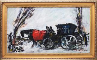 Weintrager Adolf (1927-1987): Várakozás (Lovak). Olaj, farost, jelezve jobbra lent, hátoldalán Weintrager Adolf autográf feliratával. Dekoratív, kissé kopott fakeretben, 50×90 cm. KIZÁRÓLAG SZEMÉLYES ÁTVÉTEL, NEM POSTÁZZUK! / ONLY PERSONAL COLLECTION AT OUR OFFICE.