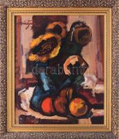 Weintrager Adolf (1927-1987): Őszi csendélet. Olaj, farost, jelezve balra fent, hátoldalán címkén Weintrager Adolf bélyegzésével. Dekoratív, kissé kopott fakeretben, 60×50 cm.