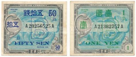 Japán / Szövetséges Katonai Parancsnokság DN(1945) 50s "B-note" + 1Y "B-note" T:F Japan / Allied Military Command ND(1945) 50 Sen "B-note" + 1 Yen "B-note" C:F Krause P#65, P#67