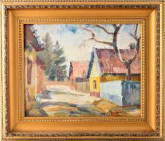 Olvashatatlan jelzéssel: Napos utca. Olaj, vászon. Dekoratív, üvegezett fakeretben, 30×39 cm.