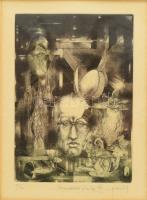 Zdenek Bugan (1957-): Szürrealista kompozíció. Színes rézkarc, papír. Jelzett. Számozott (25/30). Üvegezett fakeretben, 12,5×9 cm.