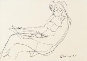 Olvashatatlan jelzéssel: Olvasó lány, 1976. Tus, papír. Fakeretben, 21,5×30,5 cm.