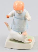 Zsolnay macskával játszó kislány. Jelzett, kézzel festett, hibátlan, m: 14 cm