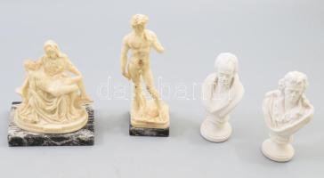 4 darab gipsz és bakelit szobor, Goethe, Schiller, piéta, Dávid, m: 17 cm alatt