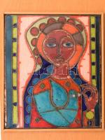 Női alak. Jelzett tűzzománc kép, fa keretben, 18x15 cm