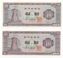 Dél-Korea 1965. 10W "62" + DN(1965-1973) 10W "271" T:AU,XF, hajtatlan South Korea 1965. 10 Won "62" + ND(1965-1973) 10 Won "271" C:AU,XF, unfolded Krause P#33d, P#33e