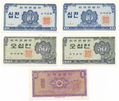 Dél-Korea 1962. 10J (2xklf: "1" + "2") + 50J (2xklf: "1" + "2") + DN(1962-1970) 1W T:UNC South Korea 1962. 10 Jeon (2xdiff: "1" + "2") + 50 Jeon (2xdiff: "1" + "2") + ND(1962-1970) 1 Won C:UNC Krause P#28, P#29, P#30