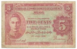 Malajzia / Malaja 1941. 5c "VI. György" T:F,VG Malaysia / Malaya 1941. 5 Cents "George VI" C:F,VG Krause P#7