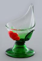 Részben színezett üveg talpas kínáló, jelzés nélkül, hibátlan, m: 16,5 cm