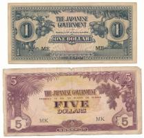 Malajzia / Malaja / Japán megszállás 1942-1945. 1$ "ME" + 5$ "MK", "Banán Pénz" T:F,VG Malaysia / Malaya / Japanese Occupation 1942-1945. 1 Dollar "ME" + 5 Dollars "MK", "Banana Money" C:F,VG Krause P#M5, P#M6