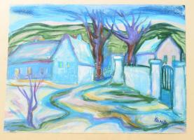 Mersits Piroska (1926-1988): Kanyargó utca. Gouache, papír. Jelezve jobbra lent. Papírra kasírozva. 30,5x43 cm