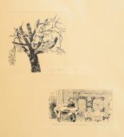 B. Séday Mária (1925-2009), 2 db rajz egy paszpartuban: Enteriőr és fa. Tus, toll, papír, jelzett, B. Séday Mária autográf ajándékozási soraival. 6x11,5 és 11x10,5 cm.