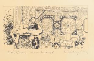 B. Séday Mária (1925-2009), 2 db rajz egy paszpartuban: Enteriőr és fa. Tus, toll, papír, jelzett, B...