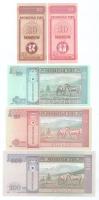 Mongólia 1993. 10m + 20m + 2005. 10T + 20T + 2008. 100T T:UNC,AU, sarokhajlás Mongolia 1993. 10 Möngö + 20 Möngö + 2005. 10 Tögrög + 20 Tögrög + 2008. 100 Tögrög C:UNC,AU, folded corner