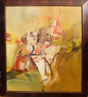 Kiss Elek (1938-1995): "Őseink futva is hágtak". Olaj, farost. Jelezve jobbra középen, hátoldalán a művész címkéjén feliratozott. Dekoratív, kissé sérült fakeretben.104x91 cm. KIZÁRÓLAG SZEMÉLYES ÁTVÉTEL, NEM POSTÁZZUK / ONLY PERSONAL COLLECTION IN OUR OFFICE!