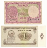 Mongólia 1966. 1T + Nepál 1968-1970. 1R T:AU,VG Mongolia 1966. 1 Tögrög + Nepal 1968-1970. 1 Rupee C:AU,VG Krause P#35a, P#12