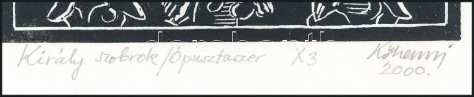 Kőhegyi Gyula (1933- ): Király szobrok, Ópusztaszer. Linómetszet, papír, jelzett. 13x13 cm