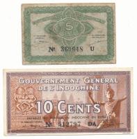 Francia Indokína DN(1939) 10c "512797 DA" + DN(1942) 5c "360948 U" T:AU,VG French Indochina ND(1939) 10 Cents "512797 DA" + ND(1942) 5 Cents "360948 U" C:AU,VG Krause P#85, P#88