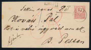 1874 5kr díjjegyes boríték Réznyomat 10kr hátoldali kiegészítéssel ajánlott levélként "SZATMÁR"