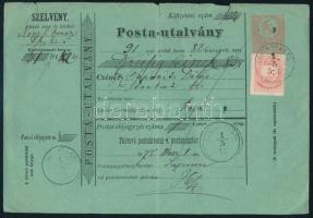 1875 5kr díjjegyes Posta-utalvány Színes számú 5kr kiegészítéssel "DUNA-SZEKCSŐ" - "BAJA"