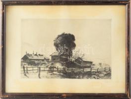 Boldizsár István (1897-1984): Gazdaság (Nagybánya?). Rézkarc, papír, jelzett, üvegezett fakeretben, lapszéli elszíneződéssel, 19,5x29,5 cm.